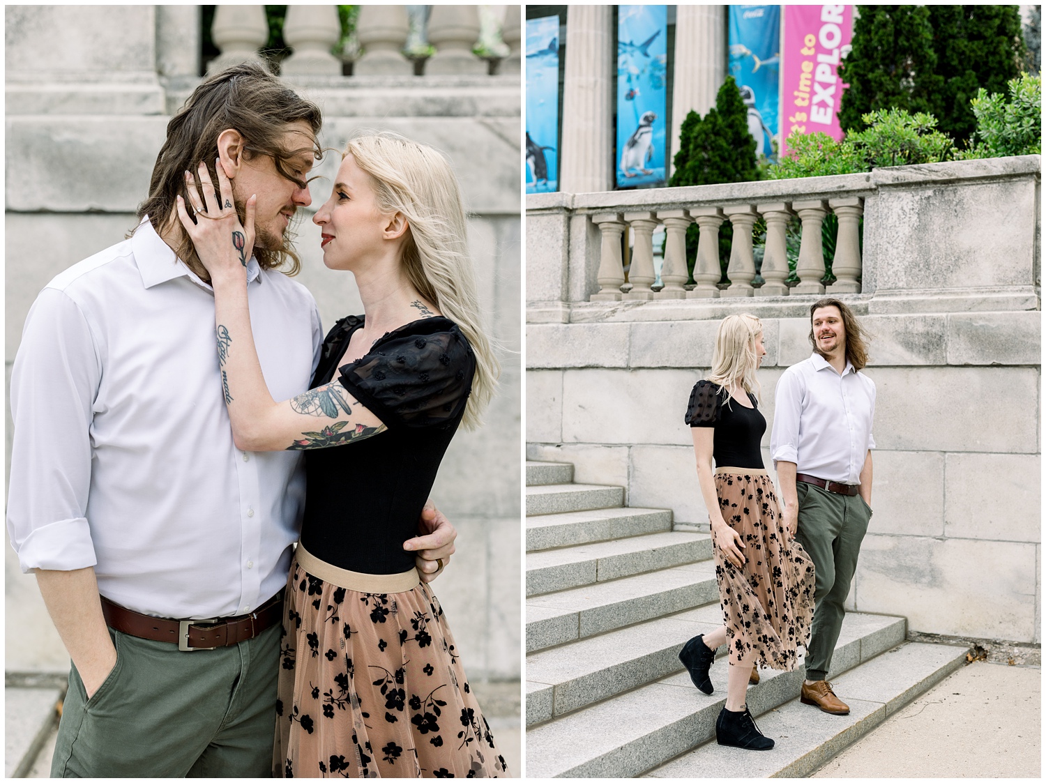 engagement photos on the steps of the Shedd Aquarium