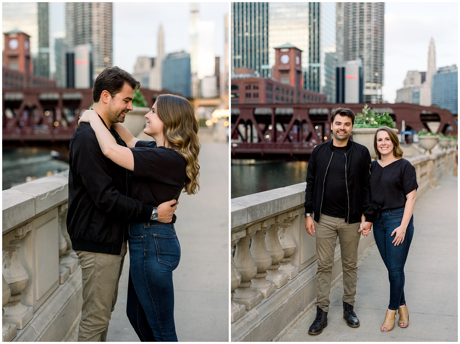 Walking by the Chicago River engagement photo